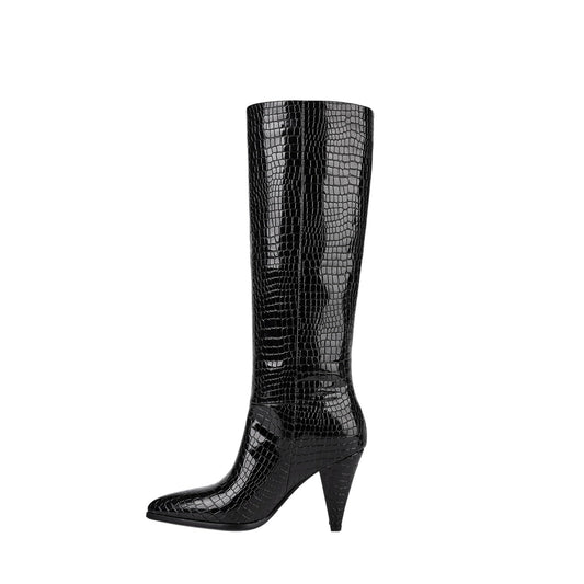 Sleek Textured Black Knee High Boots-1