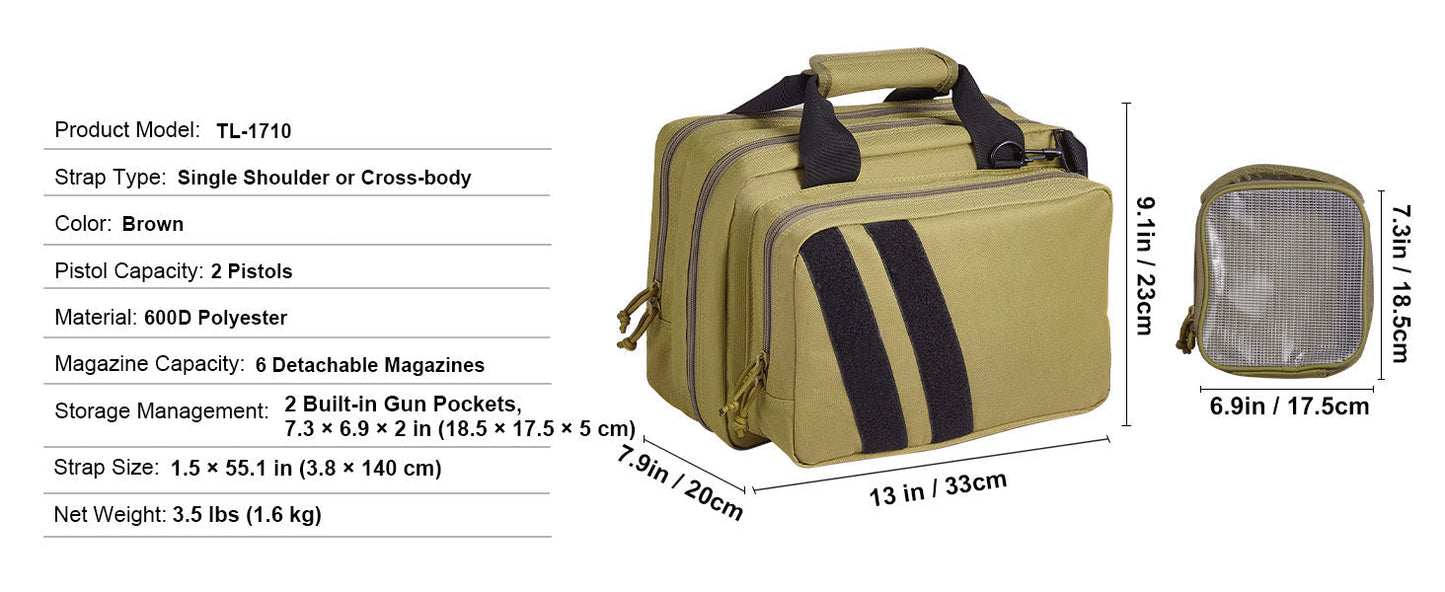 VEVOR Pistolentasche, Gewehrtasche, Pistolentaschen für 6 Pistolen, Pistolenrucksack mit 6 unabhängigen Pistolentaschen & 10 Magazinen, Pistolenrucksack für Outdoor-Jagd, Abschließbare Tasche, Braun
