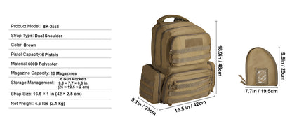 VEVOR Pistolentasche, Gewehrtasche, Pistolentaschen für 6 Pistolen, Pistolenrucksack mit 6 unabhängigen Pistolentaschen & 10 Magazinen, Pistolenrucksack für Outdoor-Jagd, Abschließbare Tasche, Braun