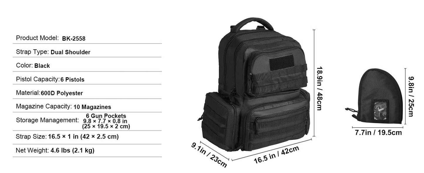 VEVOR Pistolentasche, Gewehrtasche, Pistolentaschen für 6 Pistolen, Pistolenrucksack mit 6 unabhängigen Pistolentaschen & 10 Magazinen, Pistolenrucksack für Outdoor-Jagd, Abschließbare Tasche, Braun