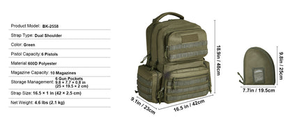 VEVOR Pistolentasche, Gewehrtasche, Pistolentaschen für 6 Pistolen, Pistolenrucksack mit 6 unabhängigen Pistolentaschen & 10 Magazinen, Pistolenrucksack für Outdoor-Jagd, Abschließbare Tasche, Braun
