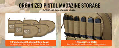 VEVOR Pistolentasche, Gewehrtasche, Pistolentaschen für 6 Pistolen, Pistolenrucksack mit 6 unabhängigen Pistolentaschen & 10 Magazinen, Pistolenrucksack für Outdoor-Jagd, Abschließbare Tasche, Braun