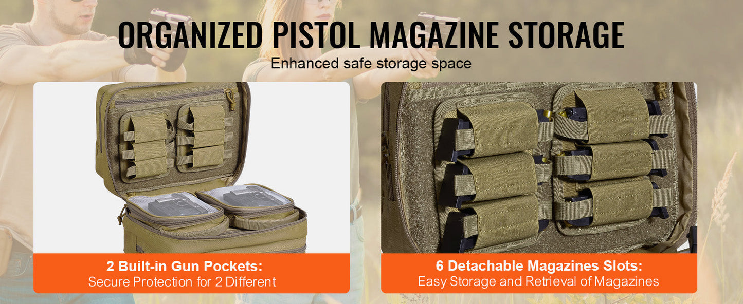VEVOR Pistolentasche, Gewehrtasche, Pistolentaschen für 6 Pistolen, Pistolenrucksack mit 6 unabhängigen Pistolentaschen & 10 Magazinen, Pistolenrucksack für Outdoor-Jagd, Abschließbare Tasche, Braun